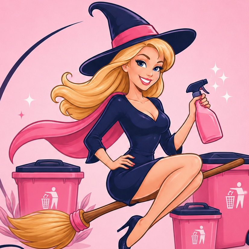 La sorcière Poubelle la Vie et ses bacs